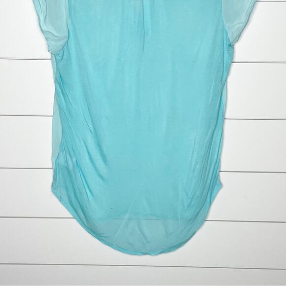 Babaton Aritizia Split Neck Silk Front Cap Sleeve Blouse Aqua Blue Size Small - Picture 7 of 9